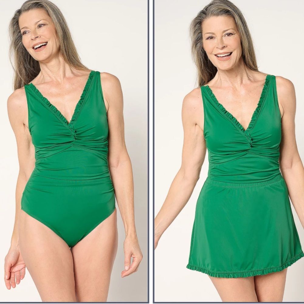 Susan Graver Soleil V-Neck Swimsuit with Ruffles & Overskirt